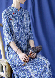 Elegant Blue Mandarin Collar Side Open Print cheongsam Dress Half Sleeve