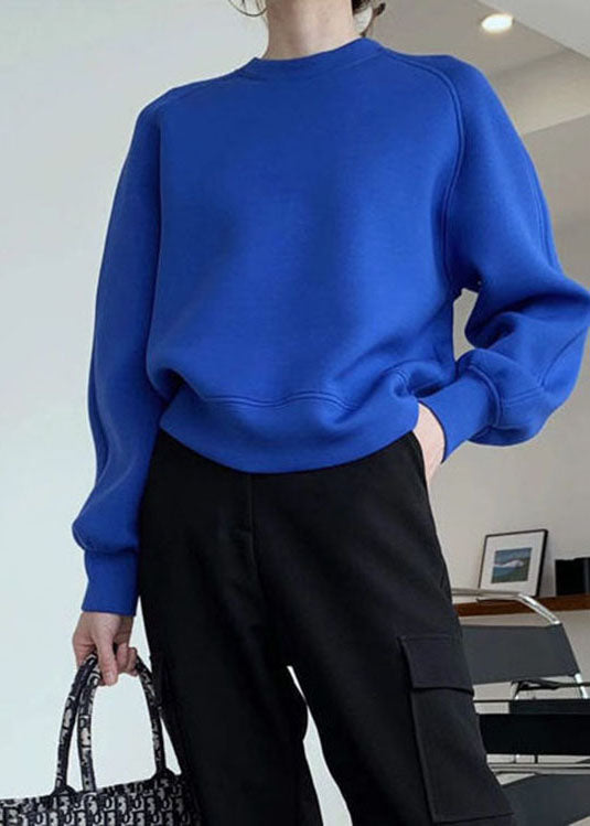 Elegant Blue O-Neck Brief Casual Fall Pullover Sweatshirt