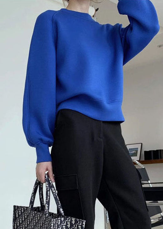Elegant Blue O-Neck Brief Casual Fall Pullover Sweatshirt