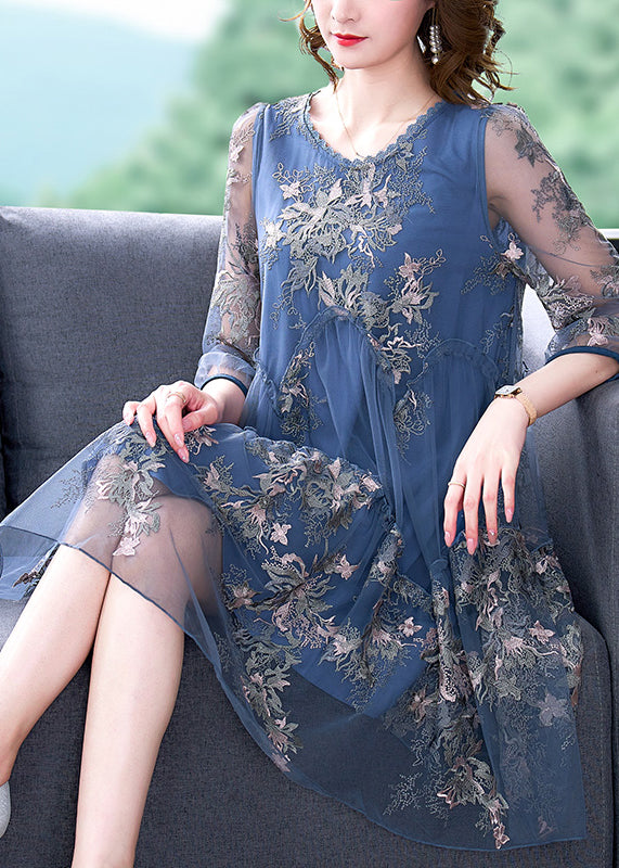 Elegant Blue O-Neck Embroidered Patchwork Tulle Vacation Dresses Half Sleeve