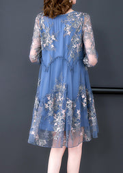 Elegant Blue O-Neck Embroidered Patchwork Tulle Vacation Dresses Half Sleeve