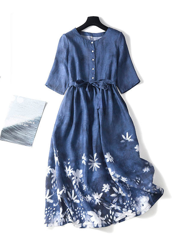 Elegant Blue O-Neck Floral Print Tie Waist Cotton Long Dresses Short Sleeve