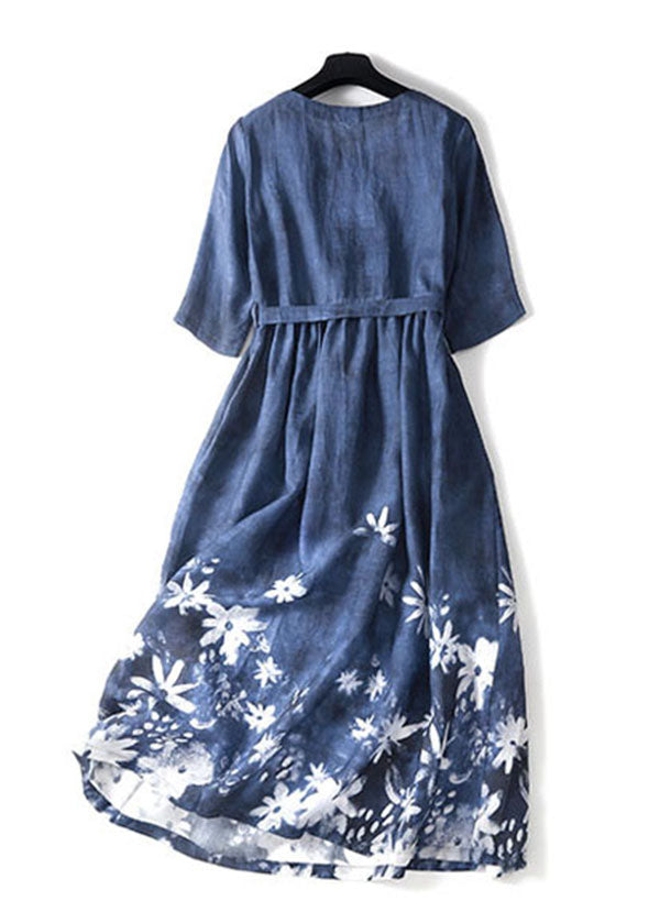 Elegante blaue O-Ausschnitt-Blumendruck-Krawatten-Taillen-Baumwolllange Kleider mit kurzen Ärmeln