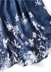 Elegant Blue O-Neck Floral Print Tie Waist Cotton Long Dresses Short Sleeve
