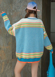 Elegant Blue O-Neck Nail Bead Patchwork Fall Loose Sweater