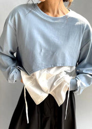 Elegant Blue O-Neck Patchwork Asymmetrical Design Fall Sweatshirts Top - SooLinen