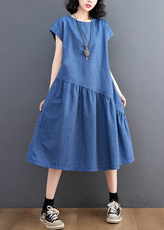 Elegant Blue O-Neck Patchwork Silk Denim Maxi Dress Summer