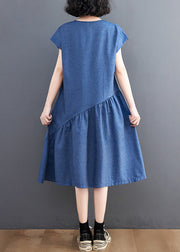 Elegant Blue O-Neck Patchwork Silk Denim Maxi Dress Summer