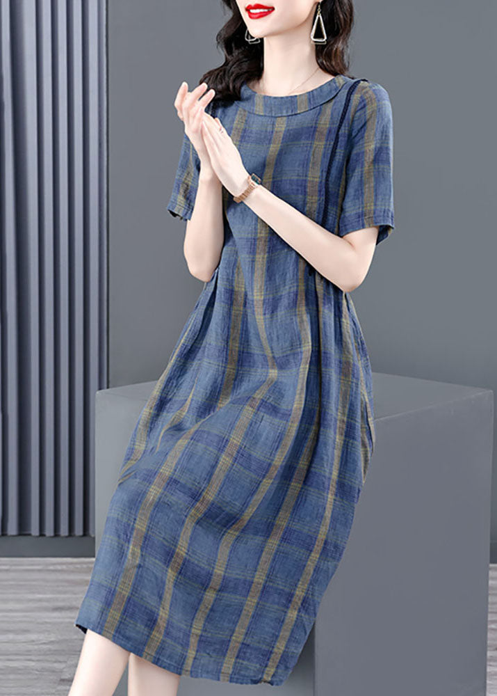 Elegant Blue O-Neck Plaid Wrinkled Pockets Cotton Cinch Dress Short Sleeve