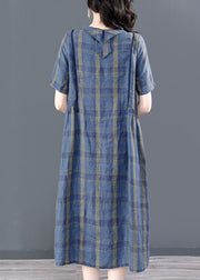 Elegant Blue O-Neck Plaid Wrinkled Pockets Cotton Cinch Dress Short Sleeve