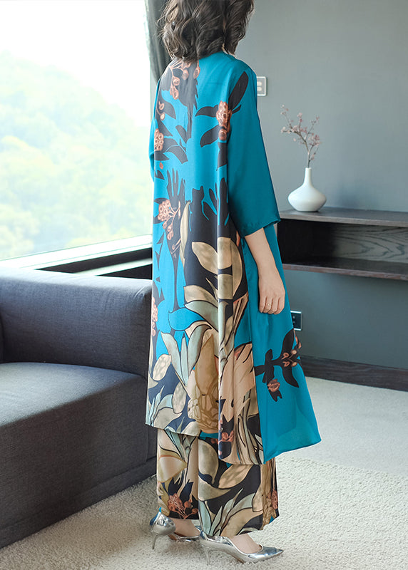 Elegantes blaues Chiffon-Kleid mit O-Ausschnitt und Hose, zweiteiliges Set mit drei Viertelärmeln