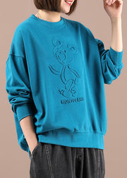 Elegant Blue O-Neck Print Loose Fall Sweatshirts