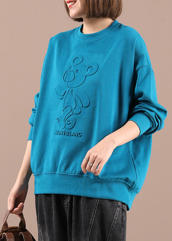 Elegant Blue O-Neck Print Loose Fall Sweatshirts