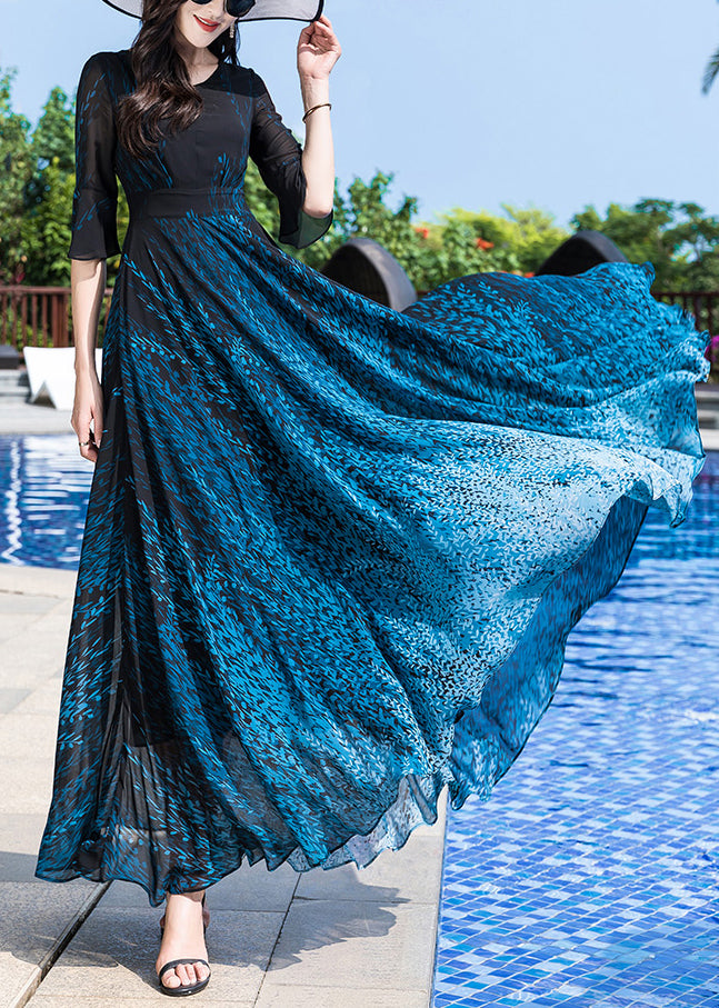 Elegant Blue O-Neck Print Party Chiffon Long Dress Half Sleeve