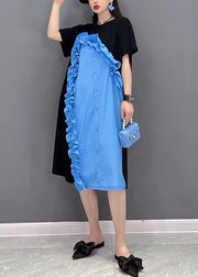 Elegant Blue O-Neck Ruffled Patchwork Button Dress Short Sleeve