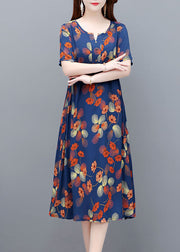 Elegant Blue O-Neck Wrinkled Print Cotton Cinch Dresses Short Sleeve