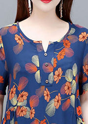Elegante blaue O-Neck Knitted Print Cotton Cinch Kleider mit kurzen Ärmeln