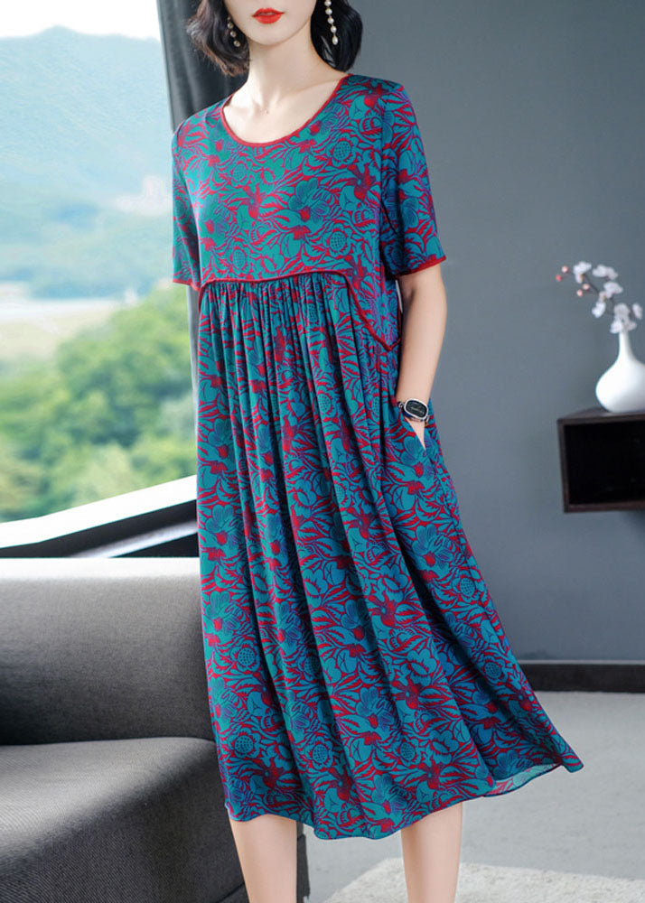 Elegant Blue O-Neck Wrinkled Print Silk Long Dress Short Sleeve