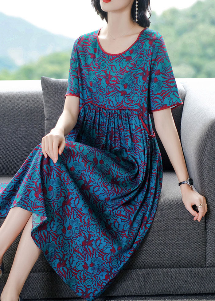 Elegant Blue O-Neck Wrinkled Print Silk Long Dress Short Sleeve