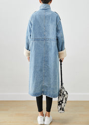 Elegant Blue Oversized Pockets Fleece Wool Lined Denim Trench Fall