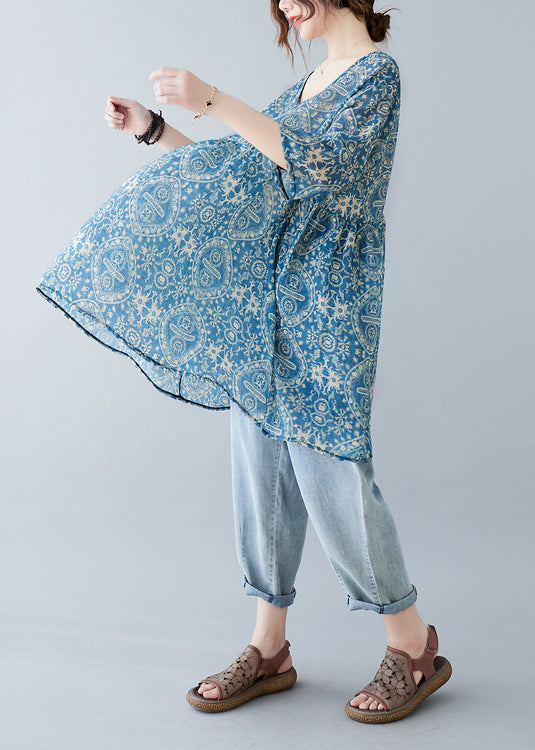 Elegant Blue Oversized Print Linen Mini Dresses Summer