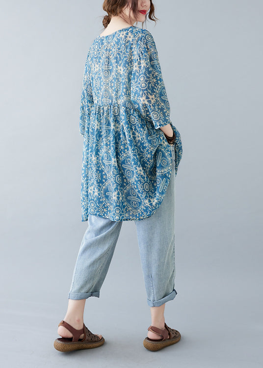 Elegant Blue Oversized Print Linen Mini Dresses Summer