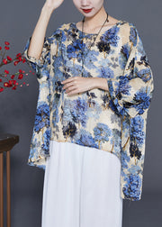 Elegant Blue Oversized Print Silk Blouse Tops Summer