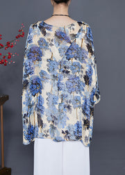 Elegant Blue Oversized Print Silk Blouse Tops Summer