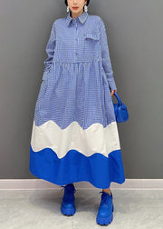 Elegant Blue Peter Pan Collar Patchwork Plaid Cotton Shirt Dresses Spring