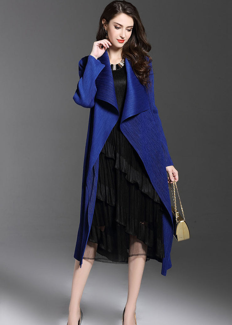 Elegant Blue Peter Pan Collar Wrinkled Patchwork Silk Trench Fall