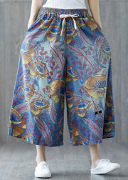 Elegant Blue Pockets Print Wide Leg Crop Pants Summer