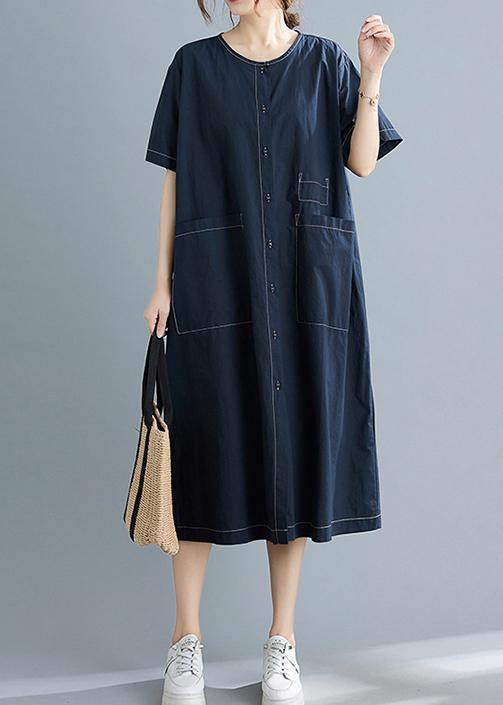 Elegant Blue Pockets Short Sleeve Maxi Summer Cotton Dress - SooLinen