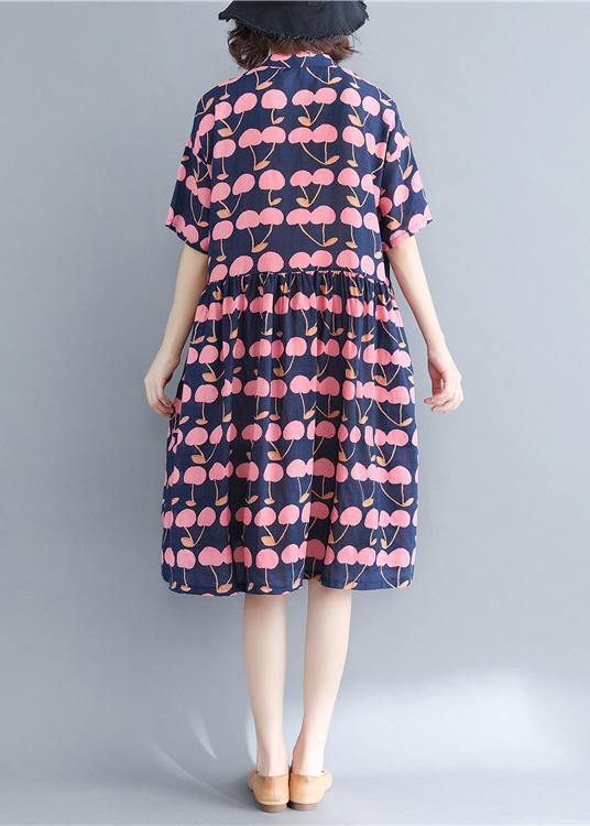 Elegant Blue Print Cotton Button Summer Ankle Dress - SooLinen
