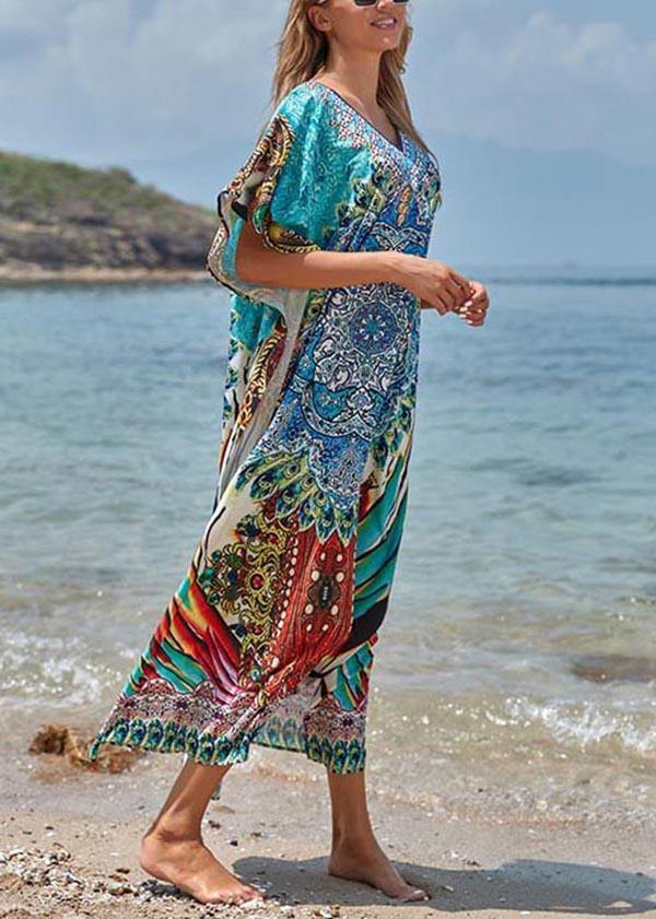 Elegant Blue Print Cotton V Neck Beach Gown Ankle Dress - SooLinen