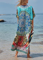 Elegant Blue Print Cotton V Neck Beach Gown Ankle Dress - SooLinen
