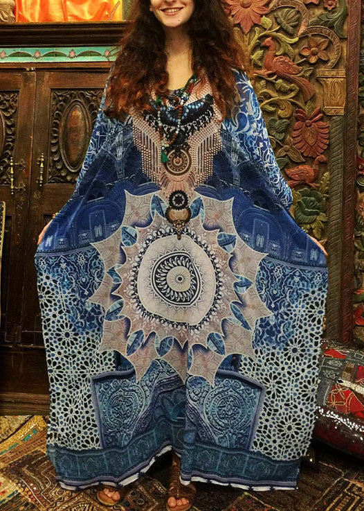 Elegantes Kimono-Gewand mit blauem Aufdruck und O-Ausschnitt, Hochsommer-Baumwollkleid