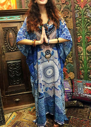 Elegant Blue Print O-Neck kimono robe Mid Summer Cotton Dress