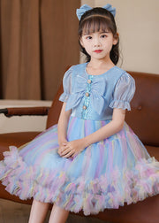 Elegant Blue Puff Sleeve Rainbow Exra Large Hem Tulle Kids Girls Dress Summer