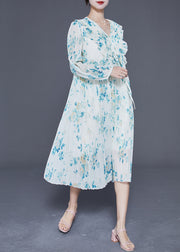 Elegant Blue Ruffled Print Wrinkled Chiffon Party Dress Summer