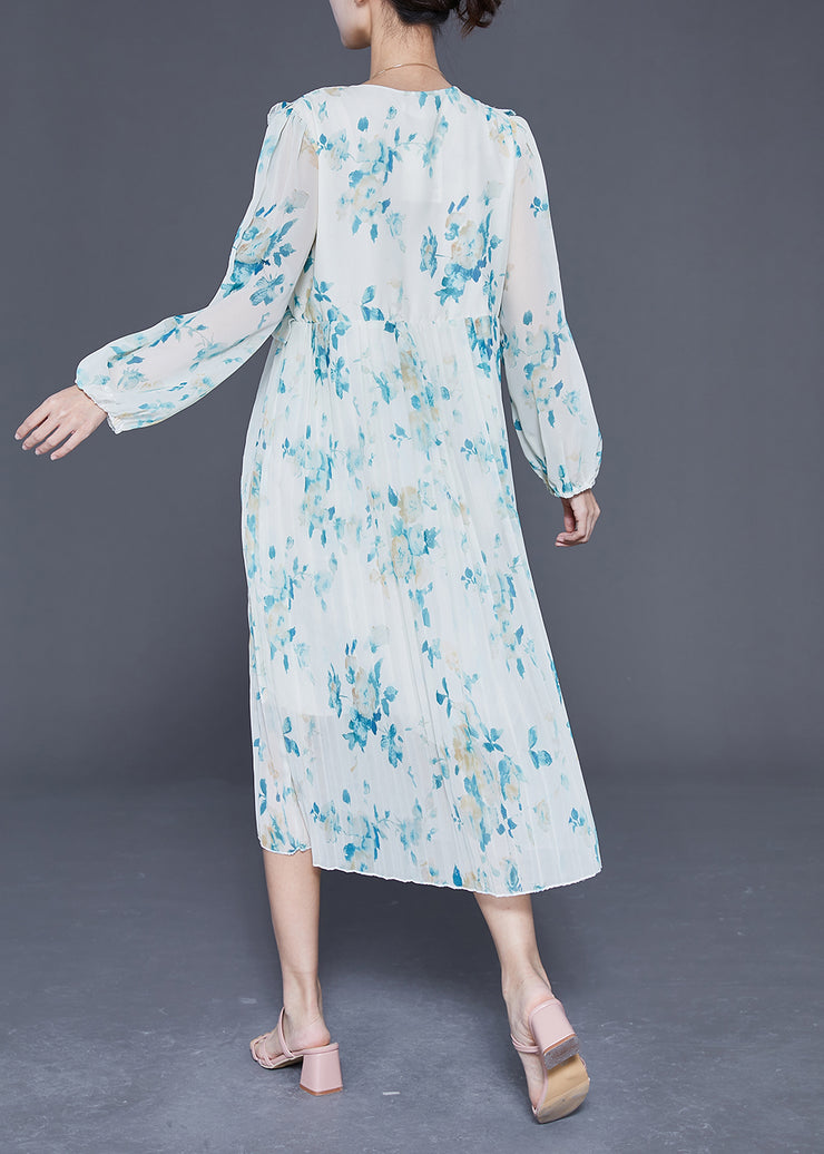 Elegant Blue Ruffled Print Wrinkled Chiffon Party Dress Summer