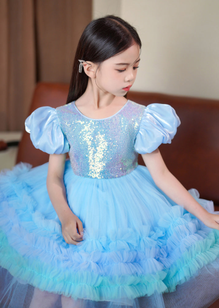 Elegant Blue Ruffled Tulle Kids Girls Long Dress Puff Sleeve