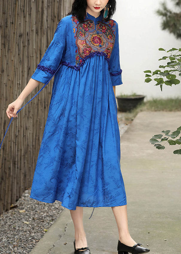 Elegant Blue Stand Collar Embroidered Floral Drawstring Satin Dress Long Sleeve