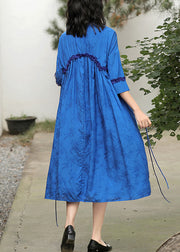 Elegant Blue Stand Collar Embroidered Floral Drawstring Satin Dress Long Sleeve