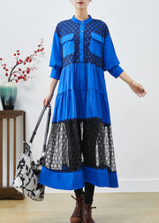 Elegant Blue Stand Collar Patchwork Lace Cotton Dress Fall
