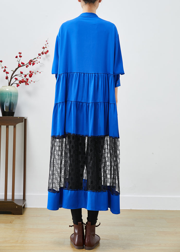 Elegant Blue Stand Collar Patchwork Lace Cotton Dress Fall