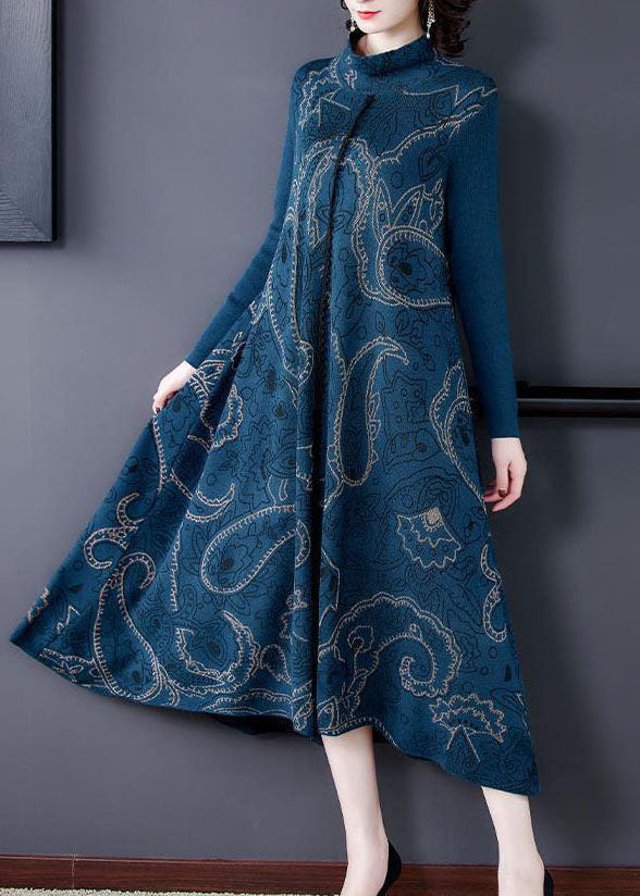 Elegant Blue Stand Collar Print Exra Large Hem Wool Knit Sweater Dress Winter