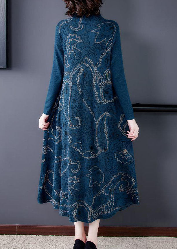 Elegant Blue Stand Collar Print Exra Large Hem Wool Knit Sweater Dress Winter