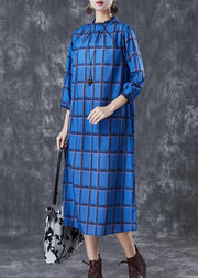 Elegant Blue Stand Collar Print Linen Dress Bracelet Sleeve