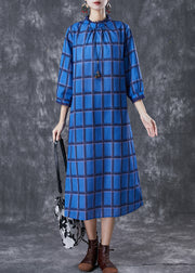 Elegant Blue Stand Collar Print Linen Dress Bracelet Sleeve