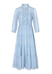 Elegant Blue Stand Collar Wrinkled Button Patchwork Silk Dress Fall